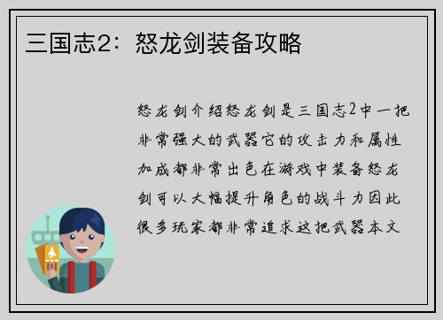 三国志2：怒龙剑装备攻略